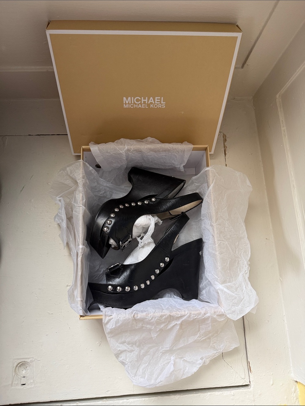 MICHAEL Michael Kors Black Studded Platform Wedge Sandals